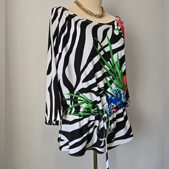 JOSEPH RIBKOFF Zebra Print Floral Accent Tie Waist Top. Size 14 - Picture 2 of 11